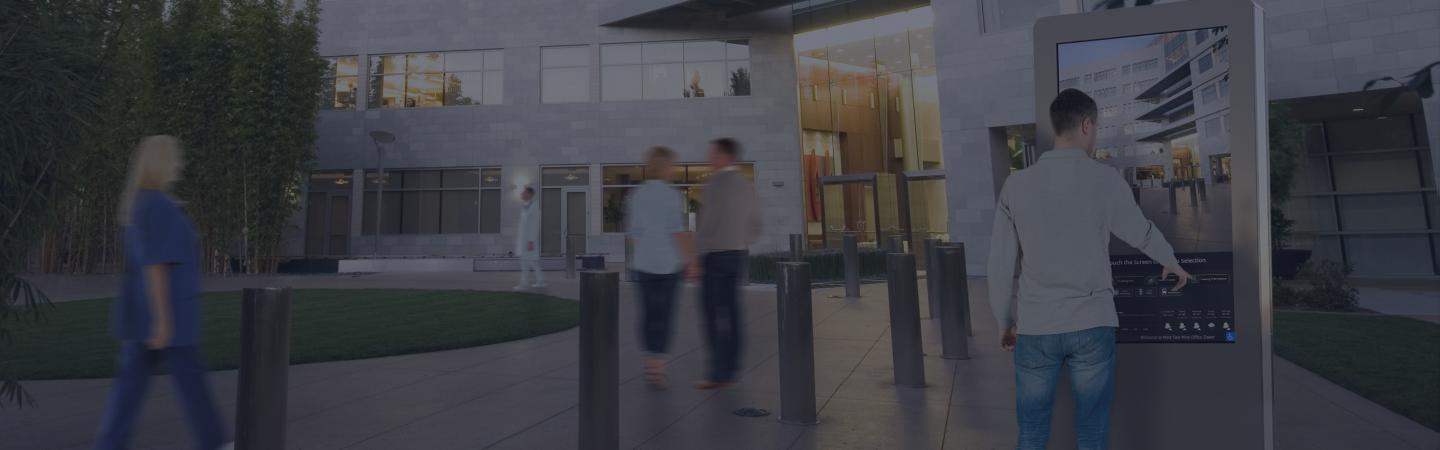 Freestanding outdoor kiosk in front of hospital