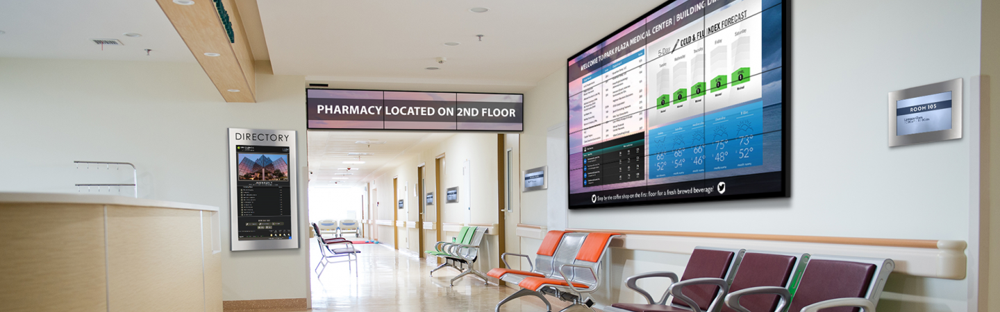 Video wall display in hospital lobby