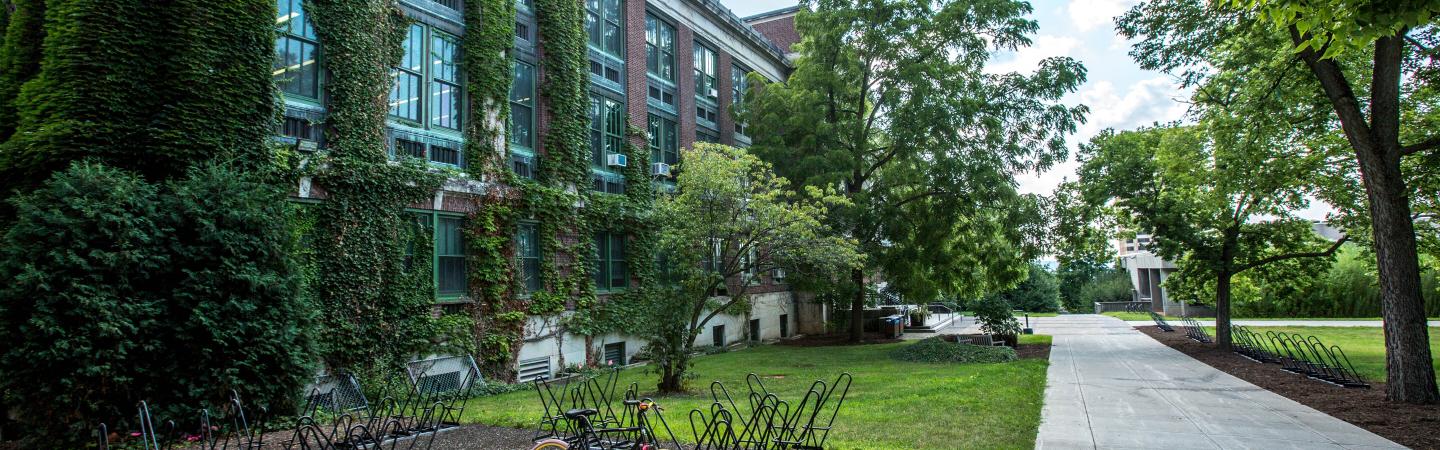 University campus with bicycle parking area