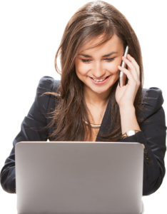 woman on phone with computer