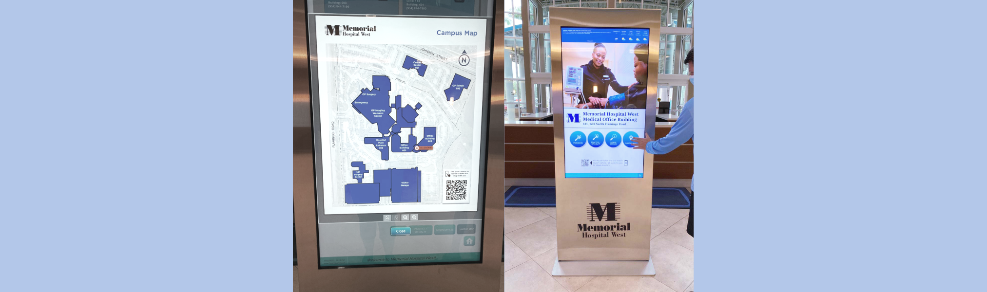 Memorial Hospital West tall digital interactive kiosk in a medical office building lobby with wayfinding campus map.