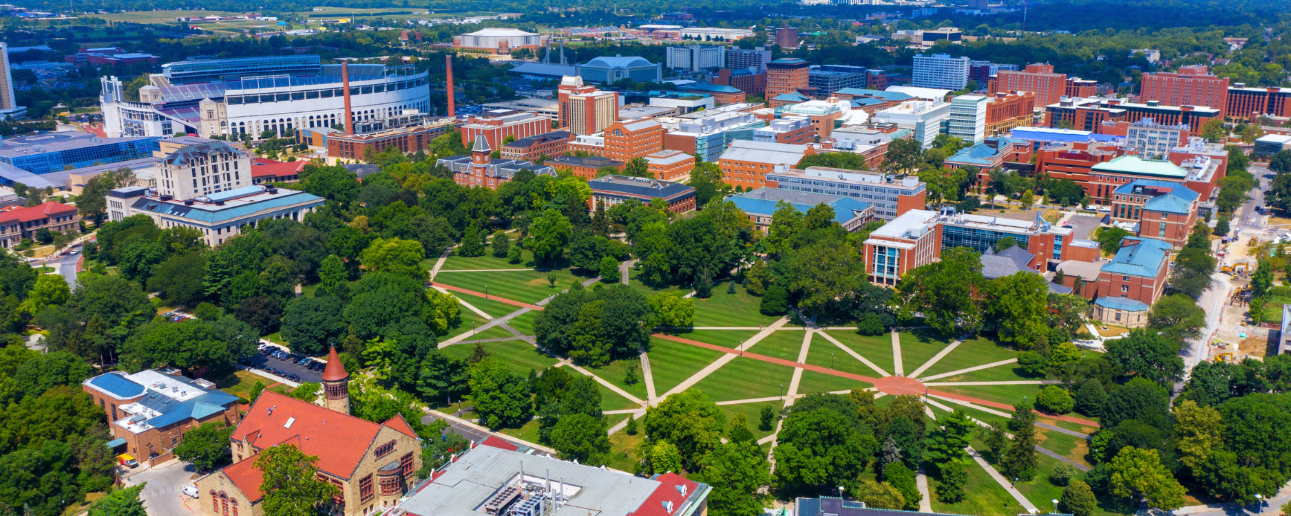 Aerial view of large complex Ohio State University college campus on a sunny day in Columbus, Ohio.