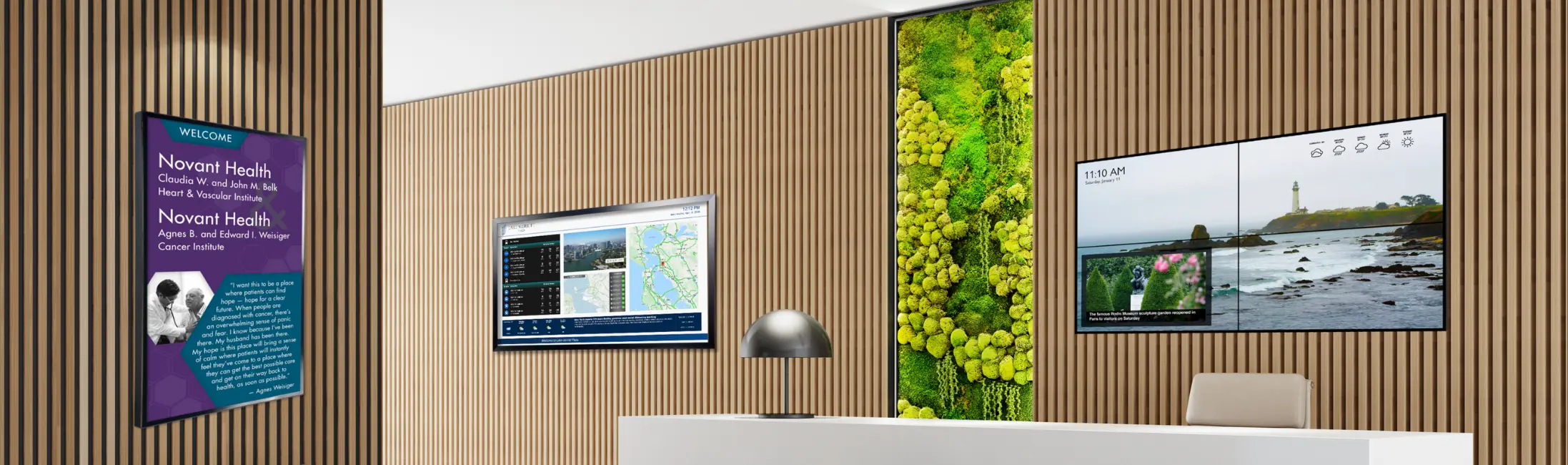 3 types of building digital signage with different digital content in a modern commercial property lobby with wooden wall paneling.