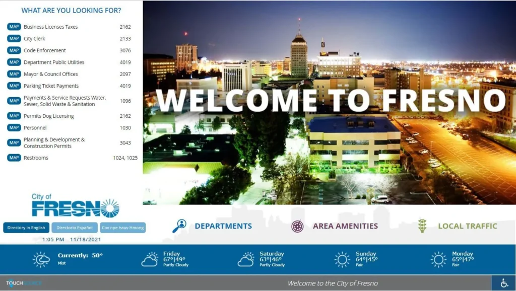 Digital directory for City of Fresno - Including unlimited listings and content updates, weather, multilingual directory, departments listings, and local traffic map.