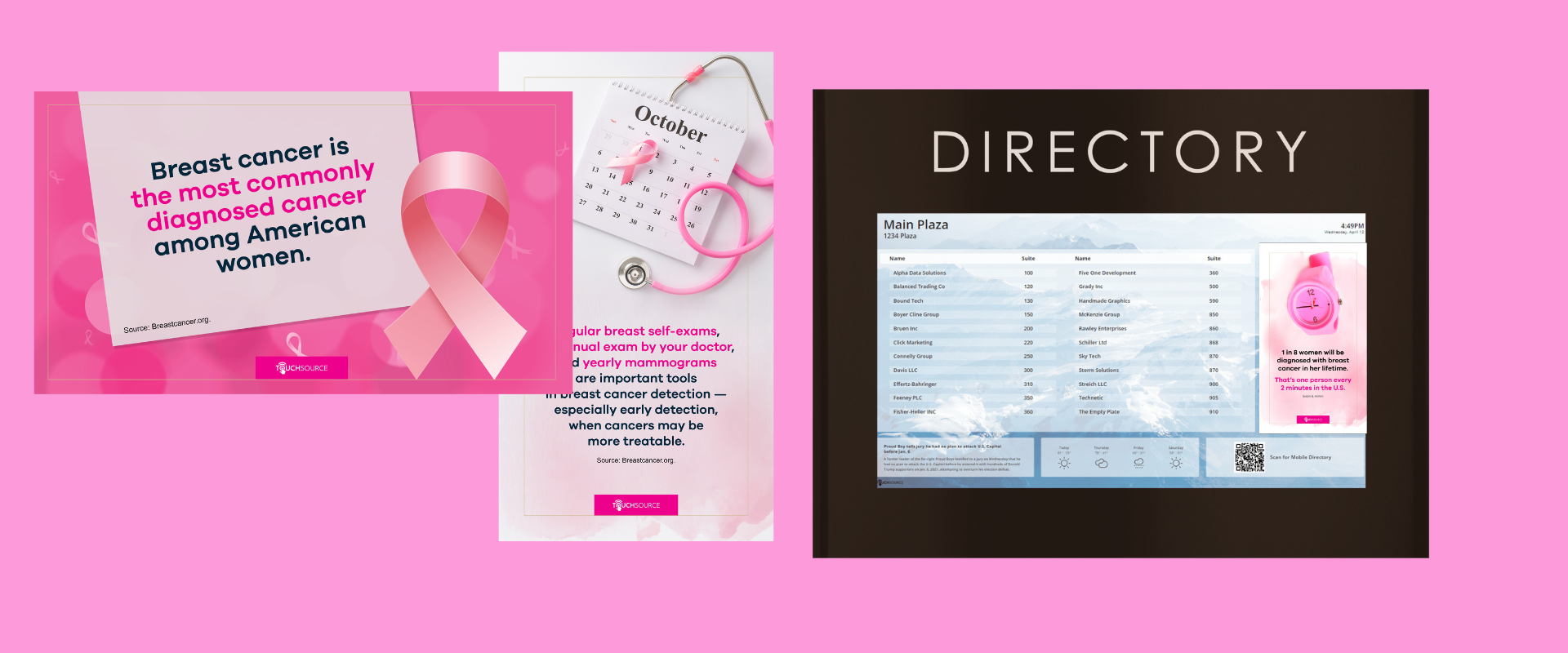 Learn how you can support the fight against breast cancer by raising awareness using your digital display, kiosk, video wall or building directory.
