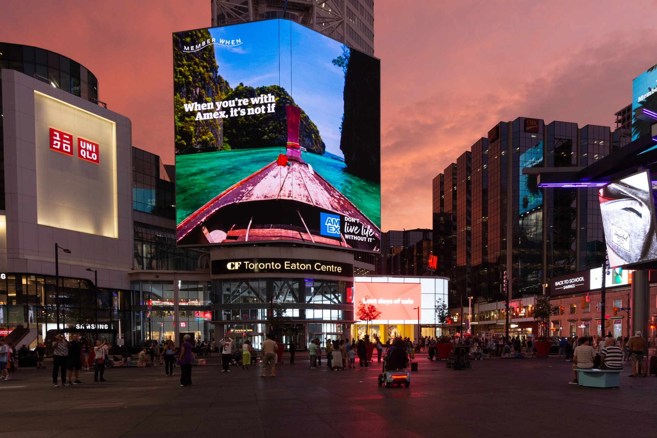 Toronto Eaton Centre shopping center at dusk from the outside