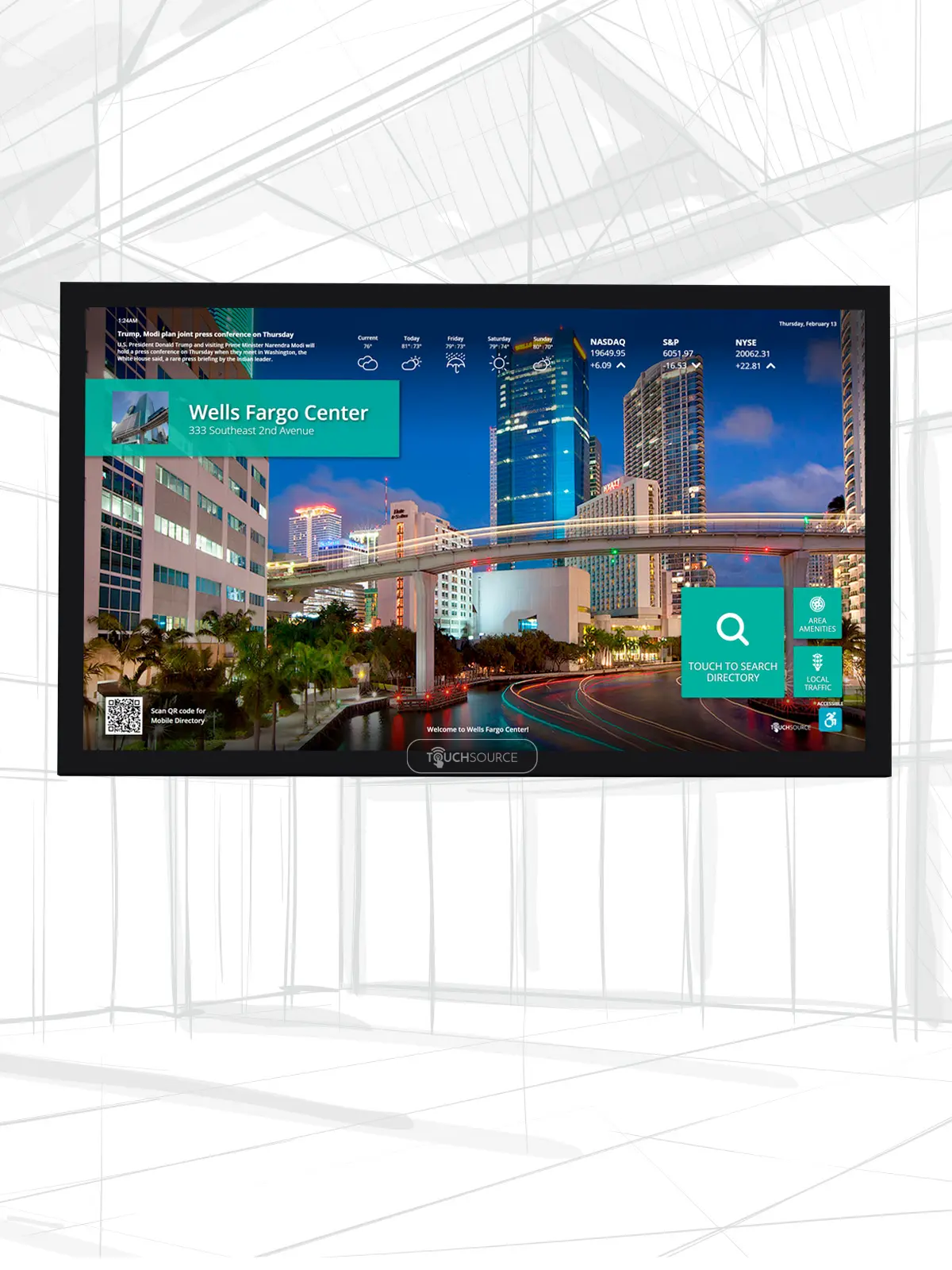 Crestone Indoor Digital Wall Display digital display with horizontal matte black frame and colorful digital directory home screen.