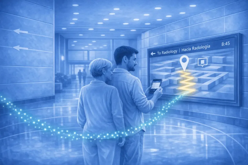 multilingual agentic ai in a hospital or medical building lobby showing mobile digital directory