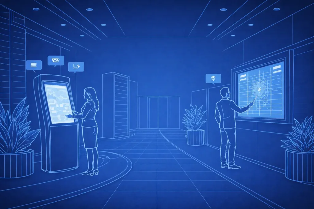 blue illustration showing digital kiosk and a touchscreen directory on a wall