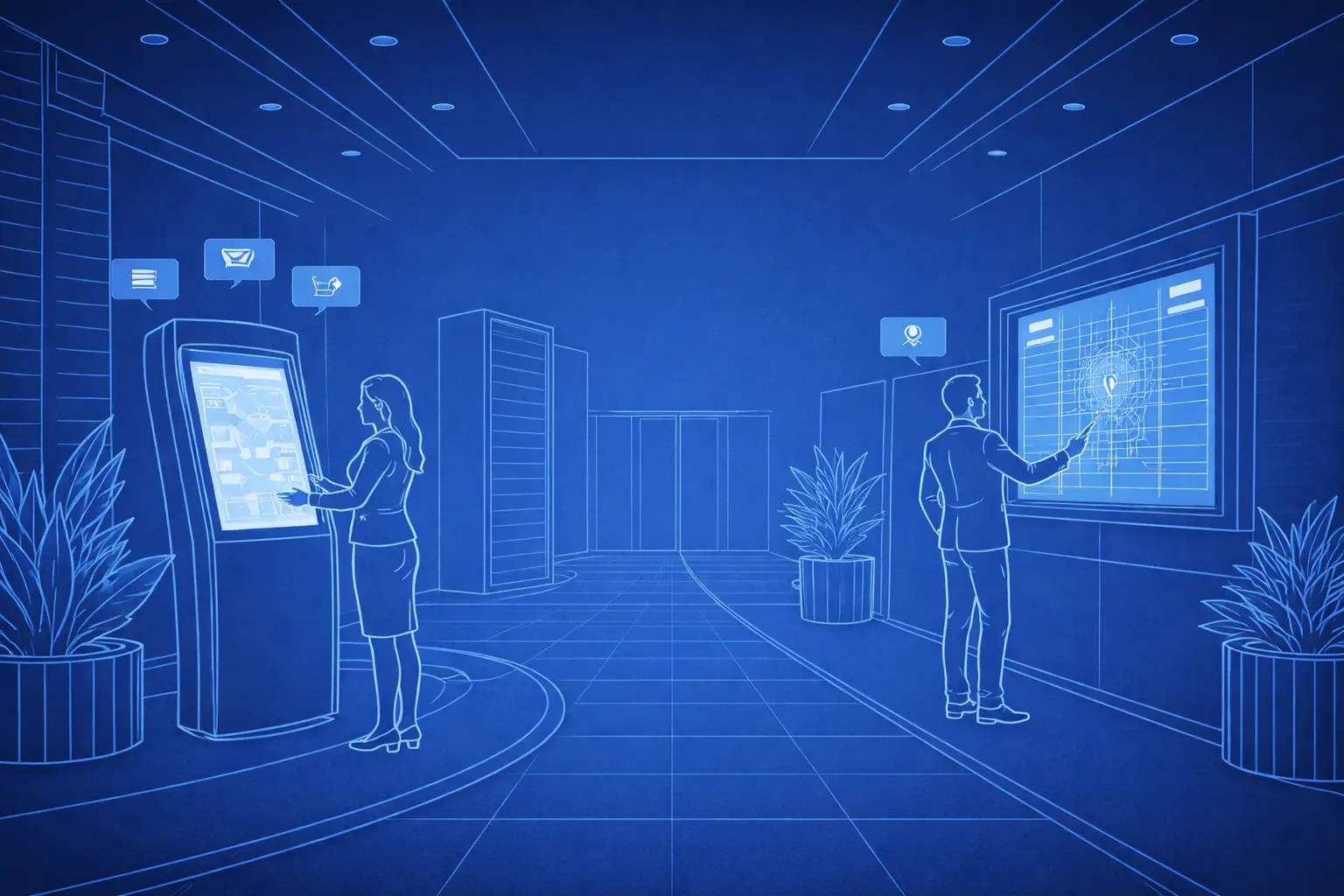 blue illustration showing digital kiosk and a touchscreen directory on a wall