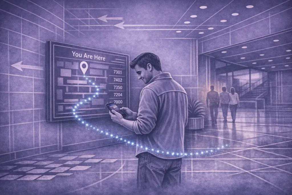 Modern digital lobby display in a commercial building showing tenant directory information to improve visitor navigation and tenant satisfaction.
