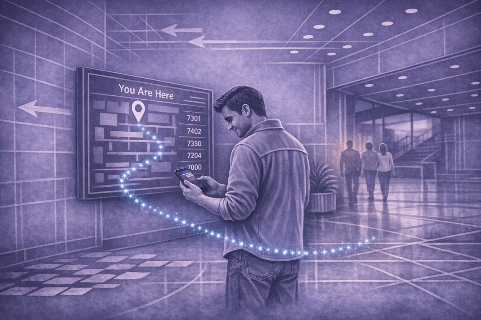 Modern digital lobby display in a commercial building showing tenant directory information to improve visitor navigation and tenant satisfaction.